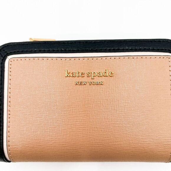 Kate Spade Morgan Cafe Mocha Leather Tan Black Compact Wallet - Picture 3 of 9